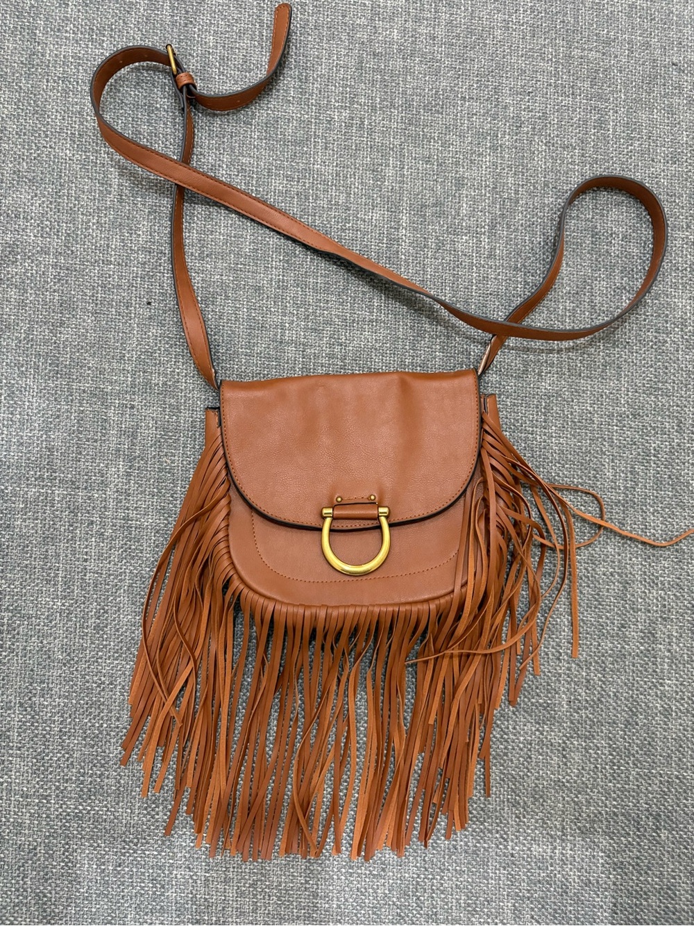 Scoop NYC Fringe Crossbody Saddle Bag Camel Brown Faux Leather Gold Hardware